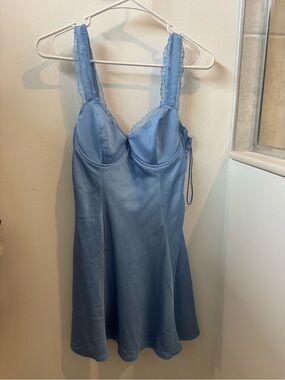 ASTR LABEL Satin Lace-Trim Blue Slip Dress